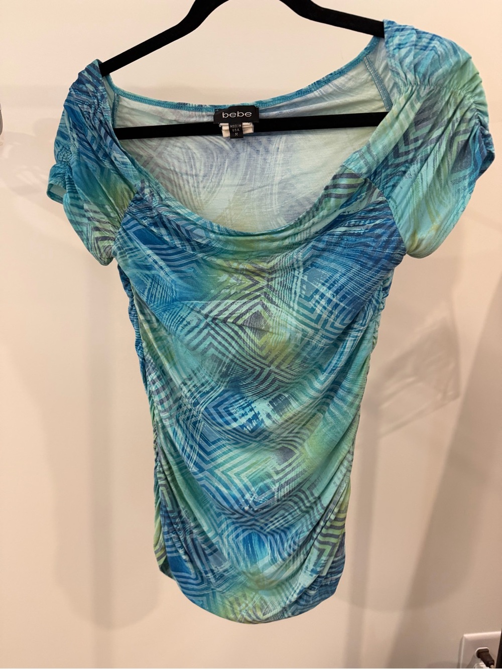Bebe Teal Blue Green Geometric Scoop Neck Top